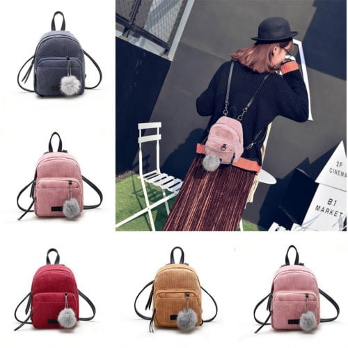 Women Backpack Corduroy Mini Backpack with Plush Ball Girls Shoulder Bag 
